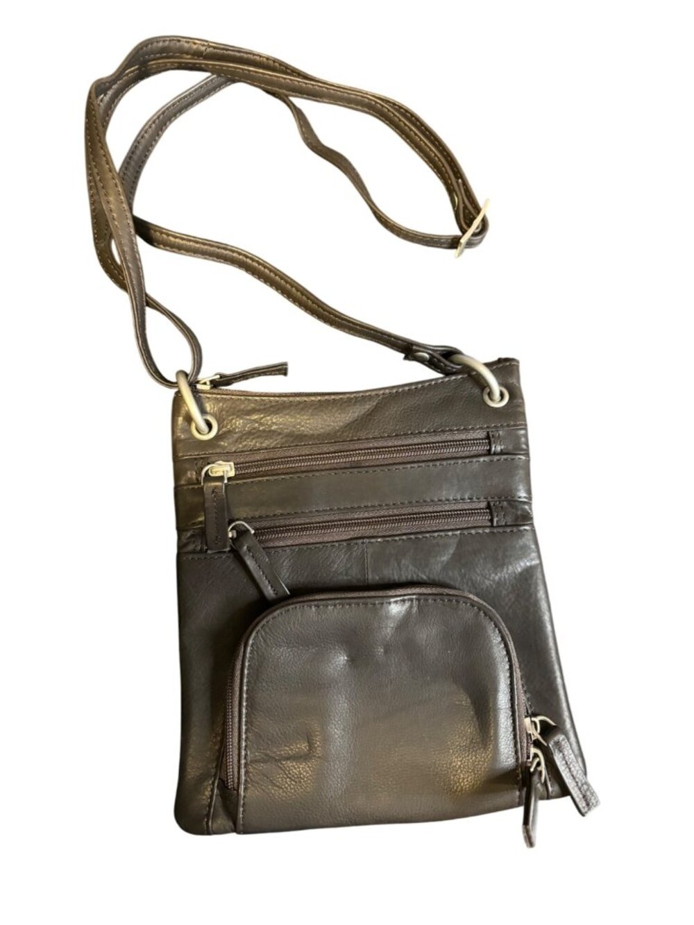 Leather Crossbody Bag Multi-Pocket Design Dark Brown Adjustable Straps Casual